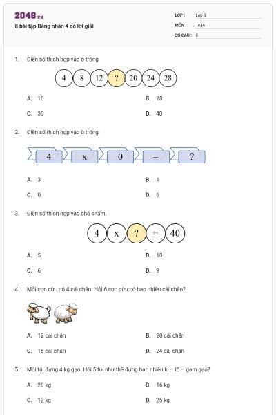 8 bài tập Bảng nhân 4 có lời giải