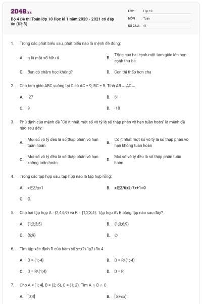 Bộ 4 Đề thi Toán lớp 10 Học kì 1 năm 2020 - 2021 có đáp án (Đề 3)