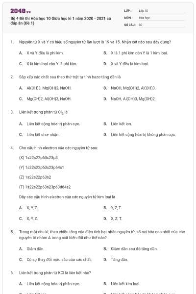 Bộ 4 Đề thi Hóa học 10 Giữa học kì 1 năm 2020 - 2021 có đáp án (Đề 1)