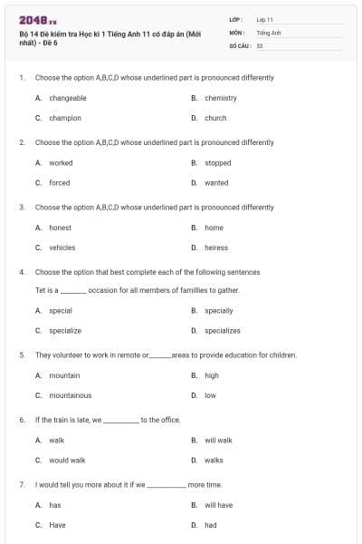 Bộ 14 Đề kiểm tra Học kì 1 Tiếng Anh 11 có đáp án (Mới nhất) - Đề 6