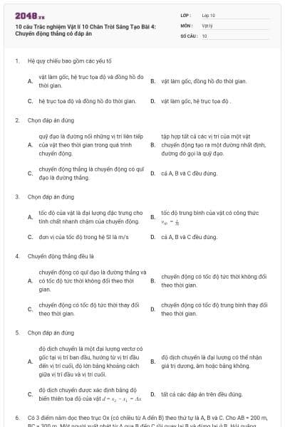 10 câu Trắc nghiệm Vật lí 10 Chân Trời Sáng Tạo Bài 4: Chuyển động thẳng có đáp án