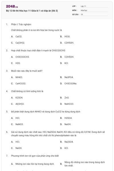 Bộ 12 Đề thi Hóa học 11 Giữa kì 1 có đáp án (Đề 3)