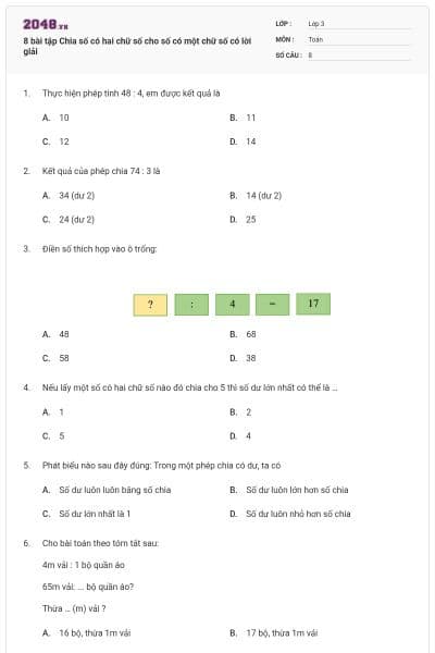 8 bài tập Chia số có hai chữ số cho số có một chữ số có lời giải