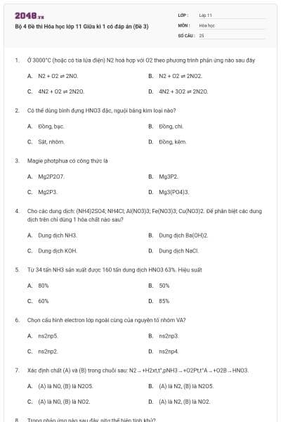 Bộ 4 Đề thi Hóa học lớp 11 Giữa kì 1 có đáp án (Đề 3)