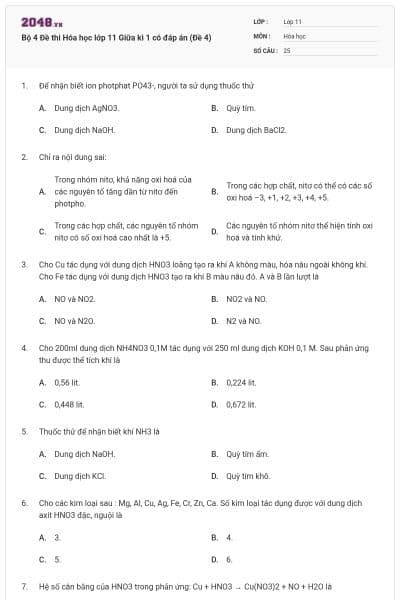 Bộ 4 Đề thi Hóa học lớp 11 Giữa kì 1 có đáp án (Đề 4)
