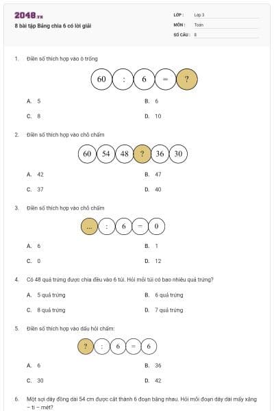 8 bài tập Bảng chia 6 có lời giải