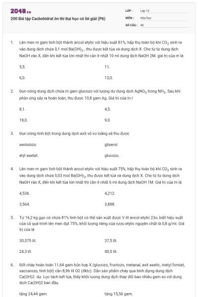 200 Bài tập Cacbohidrat ôn thi Đại học có lời giải (P6)