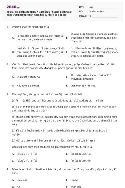 10 câu Trắc nghiệm KHTN 7 Cánh diều Phương pháp và kĩ năng trong học tập môn khoa học tự nhiên có đáp án