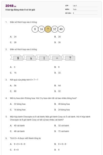 8 bài tập Bảng nhân 8 có lời giải