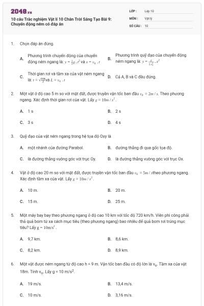 10 câu Trắc nghiệm Vật lí 10 Chân Trời Sáng Tạo Bài 9: Chuyển động ném có đáp án