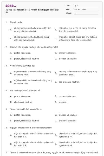 10 câu Trắc nghiệm KHTN 7 Cánh diều Nguyên tử có đáp án