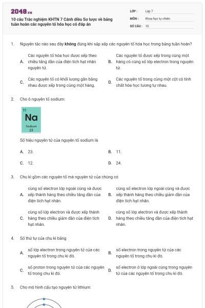 10 câu Trắc nghiệm KHTN 7 Cánh diều Sơ lược về bảng tuần hoàn các nguyên tố hóa học có đáp án