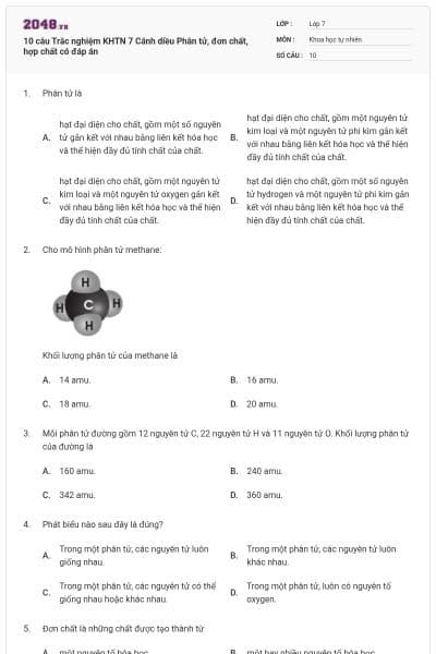 10 câu Trắc nghiệm KHTN 7 Cánh diều Phân tử, đơn chất, hợp chất có đáp án
