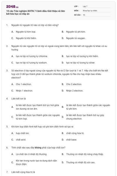 10 câu Trắc nghiệm KHTN 7 Cánh diều Giới thiệu về liên kết hóa học có đáp án