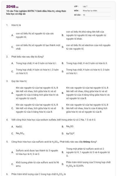10 câu Trắc nghiệm KHTN 7 Cánh diều Hóa trị, công thức hóa học có đáp án
