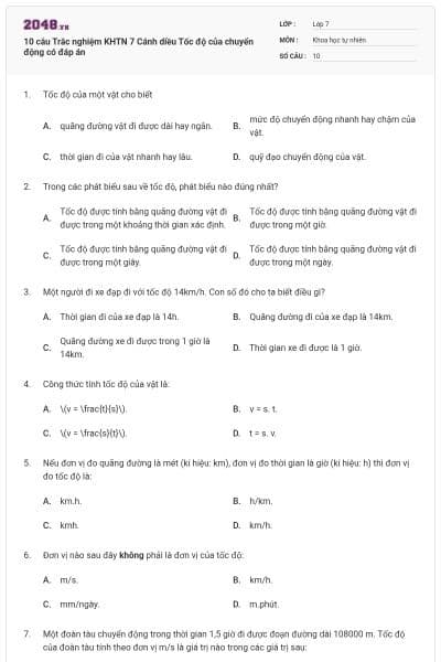 10 câu Trắc nghiệm KHTN 7 Cánh diều Tốc độ của chuyển động có đáp án