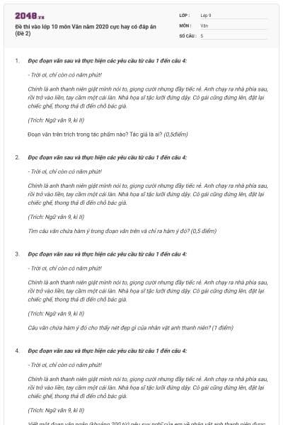 Đề thi vào lớp 10 môn Văn năm 2020 cực hay có đáp án (Đề 2)