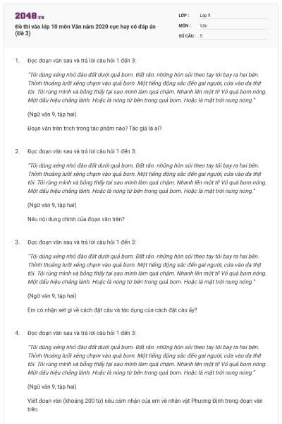 Đề thi vào lớp 10 môn Văn năm 2020 cực hay có đáp án (Đề 3)