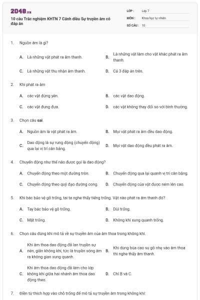 10 câu Trắc nghiệm KHTN 7 Cánh diều Sự truyền âm có đáp án