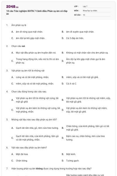 10 câu Trắc nghiệm KHTN 7 Cánh diều Phản xạ âm có đáp án