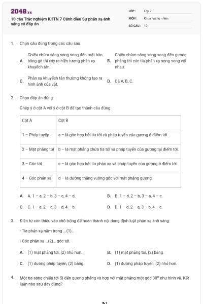 10 câu Trắc nghiệm KHTN 7 Cánh diều Sự phản xạ ánh sáng có đáp án