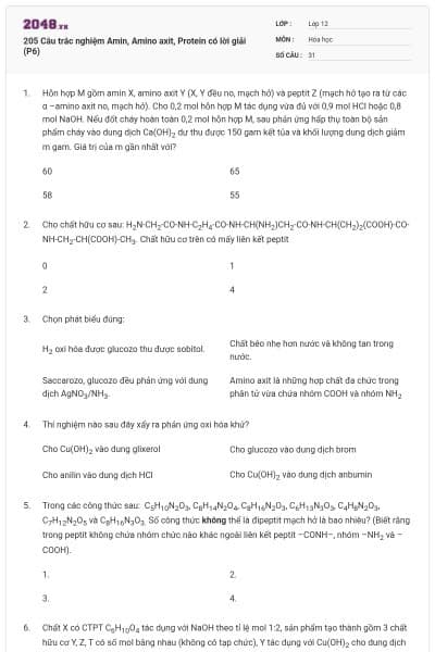205 Câu trắc nghiệm Amin, Amino axit, Protein có lời giải (P6)