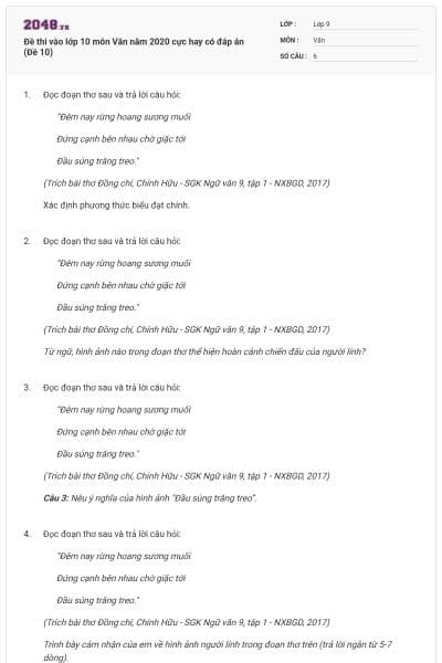 Đề thi vào lớp 10 môn Văn năm 2020 cực hay có đáp án (Đề 10)