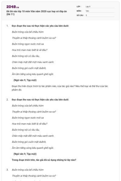 Đề thi vào lớp 10 môn Văn năm 2020 cực hay có đáp án (Đề 11)