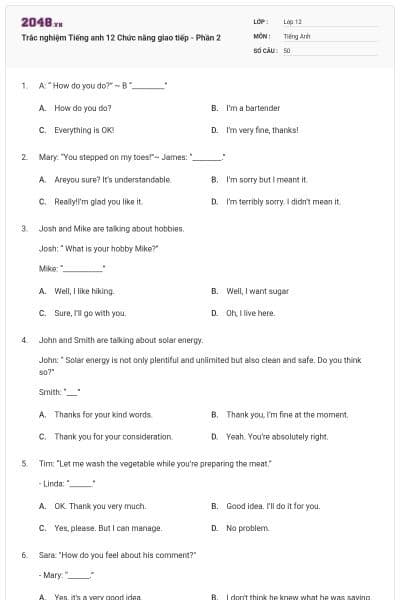 Trắc nghiệm Tiếng anh 12 Chức năng giao tiếp - Phần 2