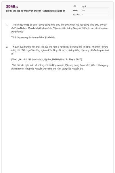 Đề thi vào lớp 10 môn Văn chuyên Hà Nội 2018 có đáp án