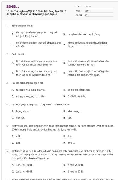 10 câu Trắc nghiệm Vật lí 10 Chân Trời Sáng Tạo Bài 10: Ba định luật Newton về chuyển động có đáp án