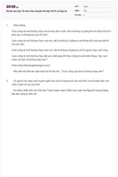 Đề thi vào lớp 10 môn Văn chuyên Hà Nội 2019 có đáp án