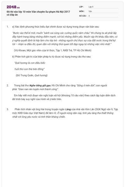 Đề thi vào lớp 10 môn Văn chuyên Sư phạm Hà Nội 2017 có đáp án