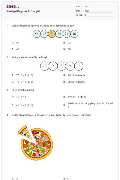 8 bài tập Bảng chia 8 có lời giải