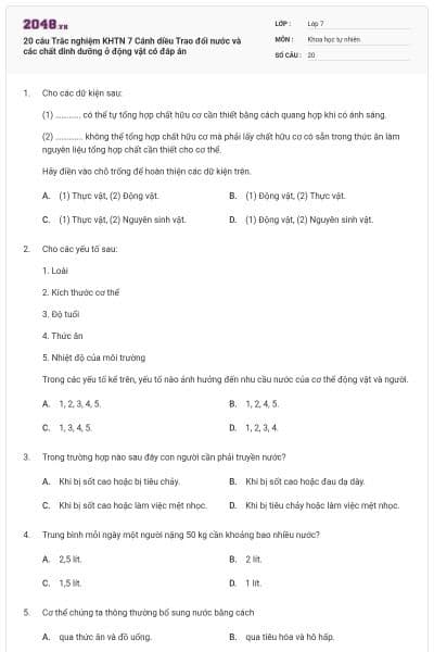 20 câu Trắc nghiệm KHTN 7 Cánh diều Trao đổi nước và các chất dinh dưỡng ở động vật có đáp án