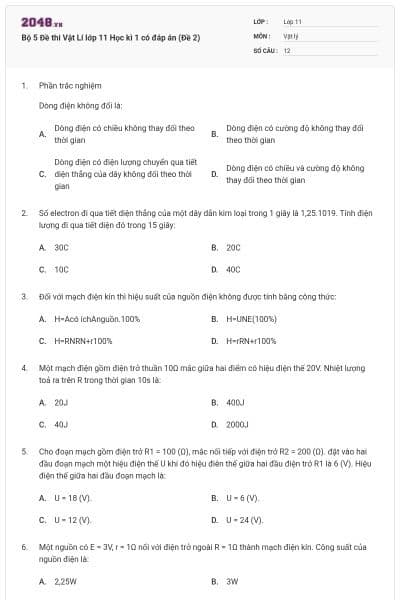 Bộ 5 Đề thi Vật Lí lớp 11 Học kì 1 có đáp án (Đề 2)