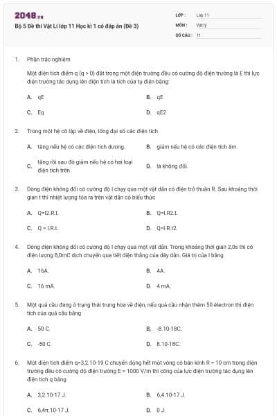 Bộ 5 Đề thi Vật Lí lớp 11 Học kì 1 có đáp án (Đề 3)