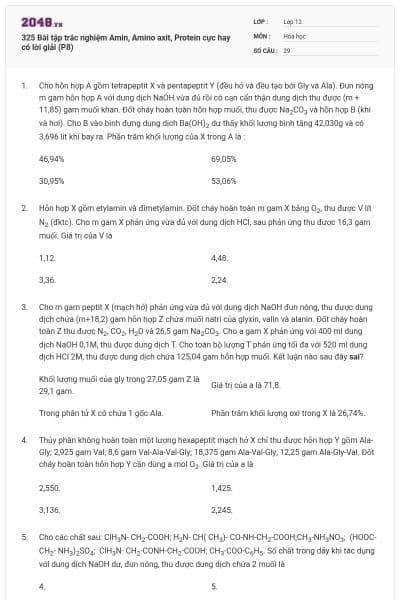 325 Bài tập trắc nghiệm Amin, Amino axit, Protein cực hay có lời giải (P8)