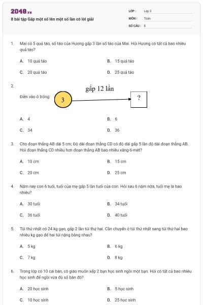 8 bài tập Gấp một số lên một số lần có lời giải