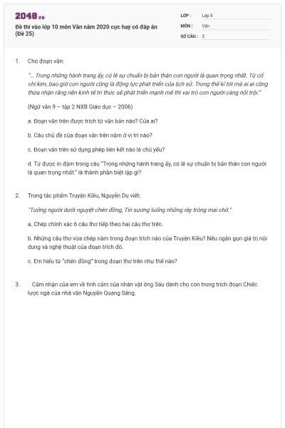 Đề thi vào lớp 10 môn Văn năm 2020 cực hay có đáp án (Đề 25)