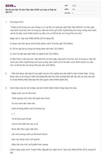 Đề thi vào lớp 10 môn Văn năm 2020 cực hay có đáp án (Đề 27)