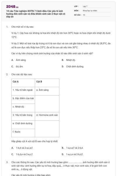 10 câu Trắc nghiệm KHTN 7 Cánh diều Các yếu tố ảnh hưởng đến sinh sản và điều khiển sinh sản ở thực vật có đáp án