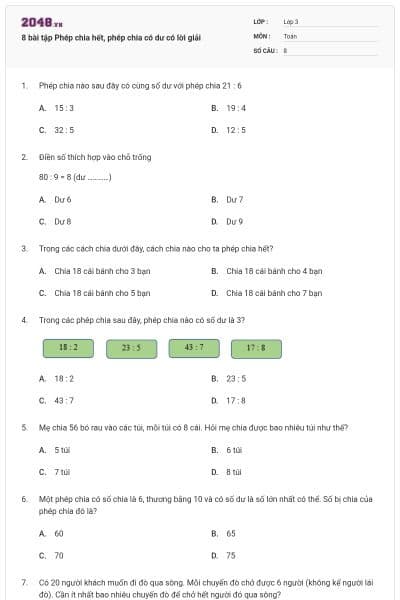 8 bài tập Phép chia hết, phép chia có dư có lời giải