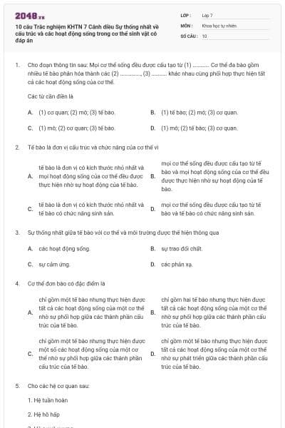 10 câu Trắc nghiệm KHTN 7 Cánh diều Sự thống nhất về cấu trúc và các hoạt động sống trong cơ thể sinh vật có đáp án