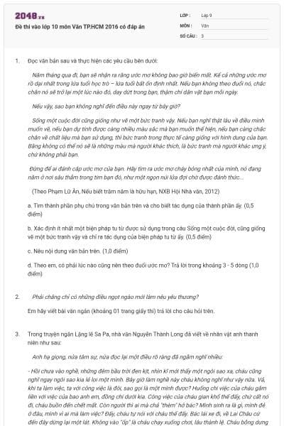 Đề thi vào lớp 10 môn Văn TP.HCM 2016 có đáp án