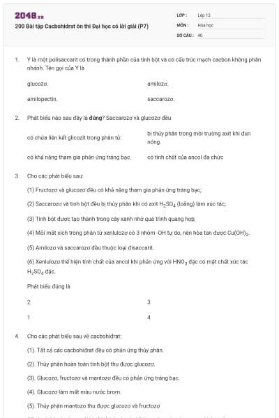 200 Bài tập Cacbohidrat ôn thi Đại học có lời giải (P7)