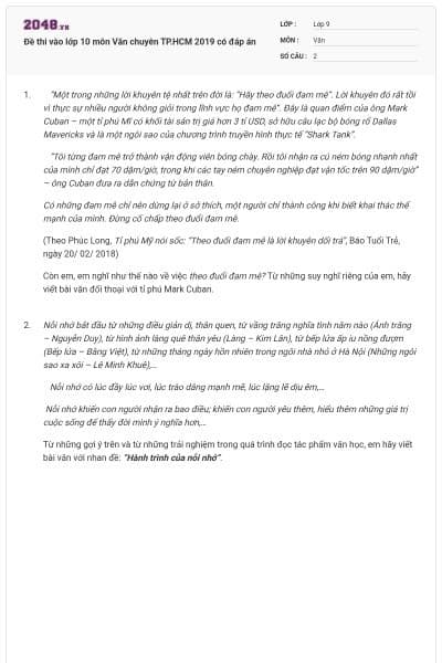 Đề thi vào lớp 10 môn Văn chuyên TP.HCM 2019 có đáp án