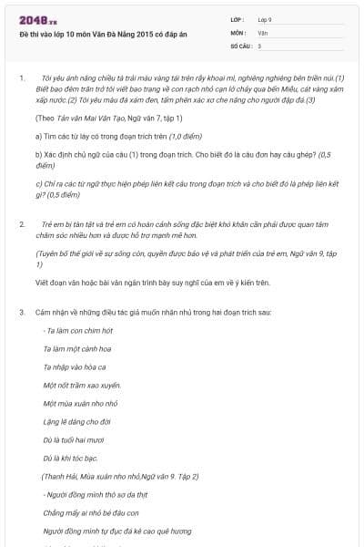 Đề thi vào lớp 10 môn Văn Đà Nẵng 2015 có đáp án