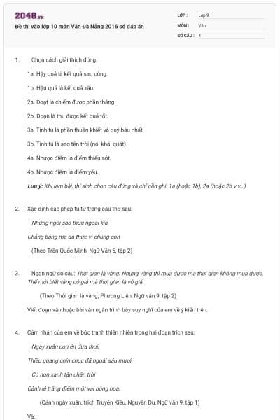 Đề thi vào lớp 10 môn Văn Đà Nẵng 2016 có đáp án