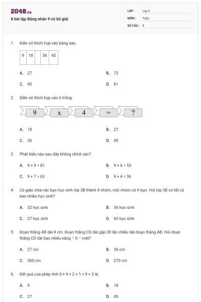 8 bài tập Bảng nhân 9 có lời giải